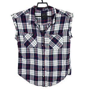 Womens Jachs Girlfriend Blue White Red Plaid Sleeveless Shirt Button Up Size M